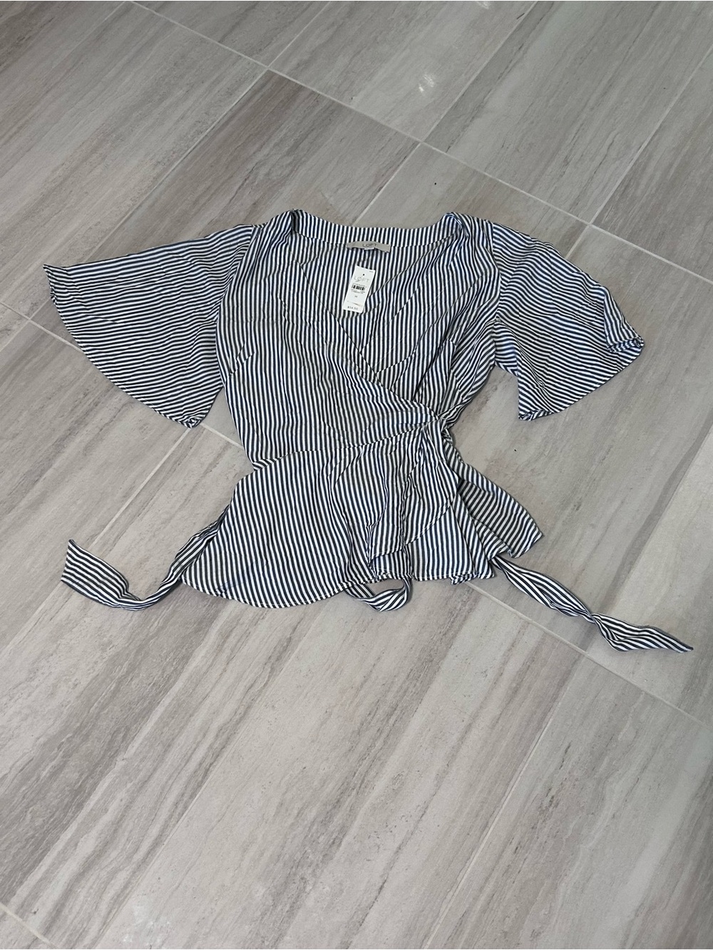 LOFT Navy & White Striped Wrap Top